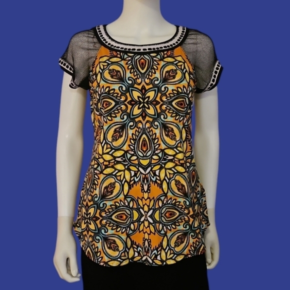 ECI Y2k Mesh Sleeve Psychedelic Mandala Goth Short Sleeve Blouse - Picture 1 of 10